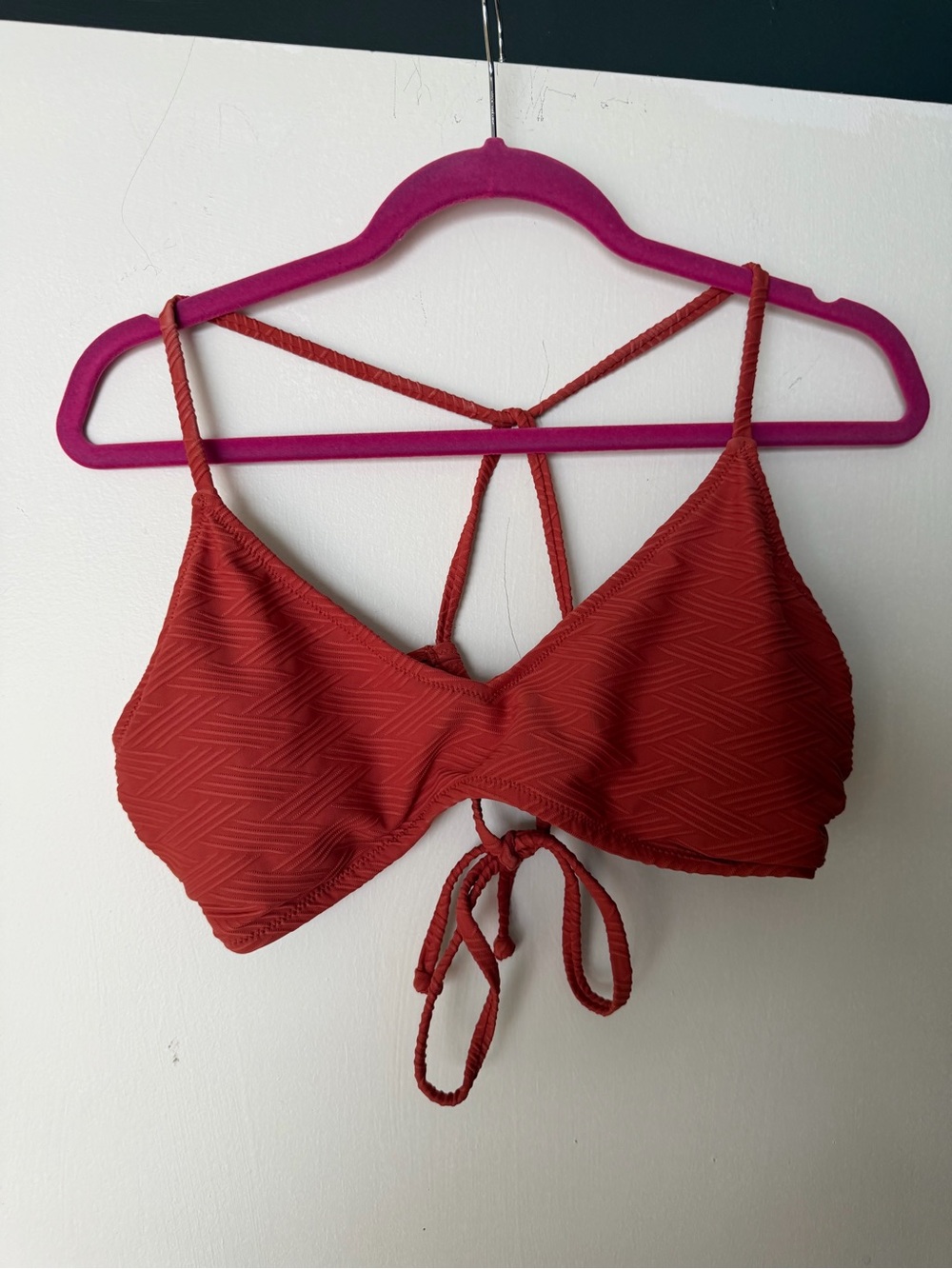 Red Textured Tie-Back Bralette Bikini Top